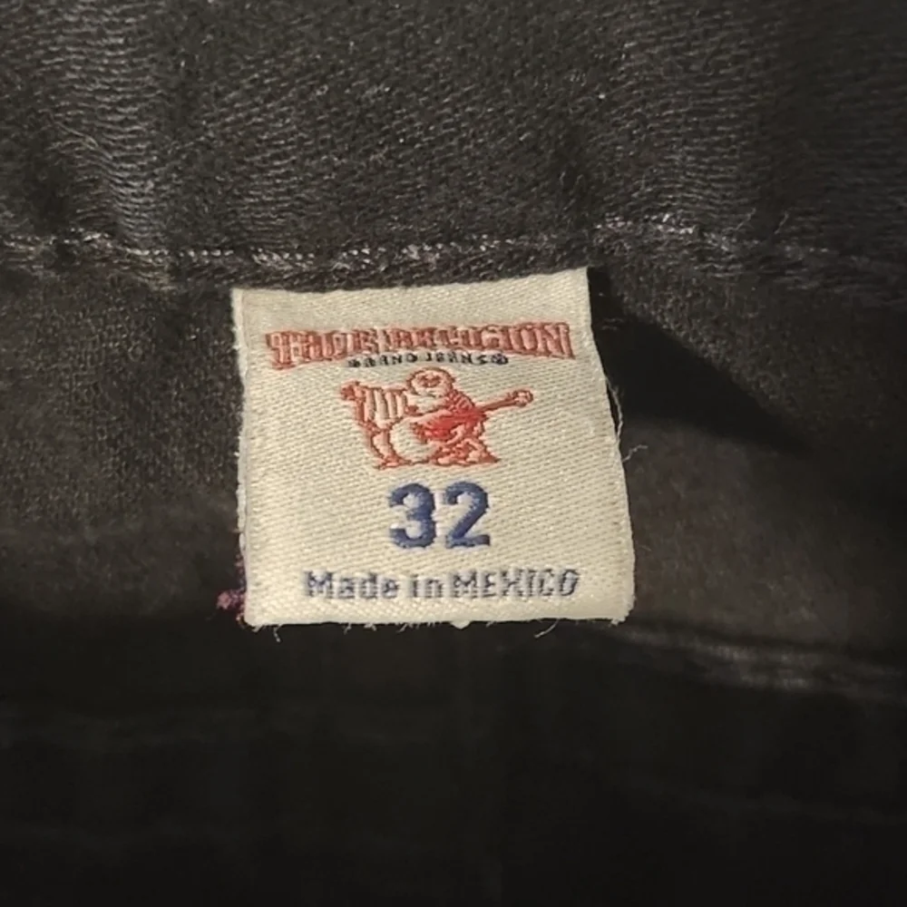 True Religion Ricky Straight Denim Jeans Jet‎ Black w/Flaps 32x35 Super T Stitch